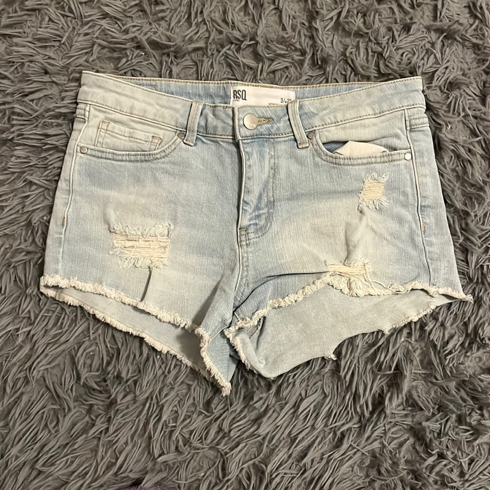 Blue ripped RSQ Venice mid rise jean shorts